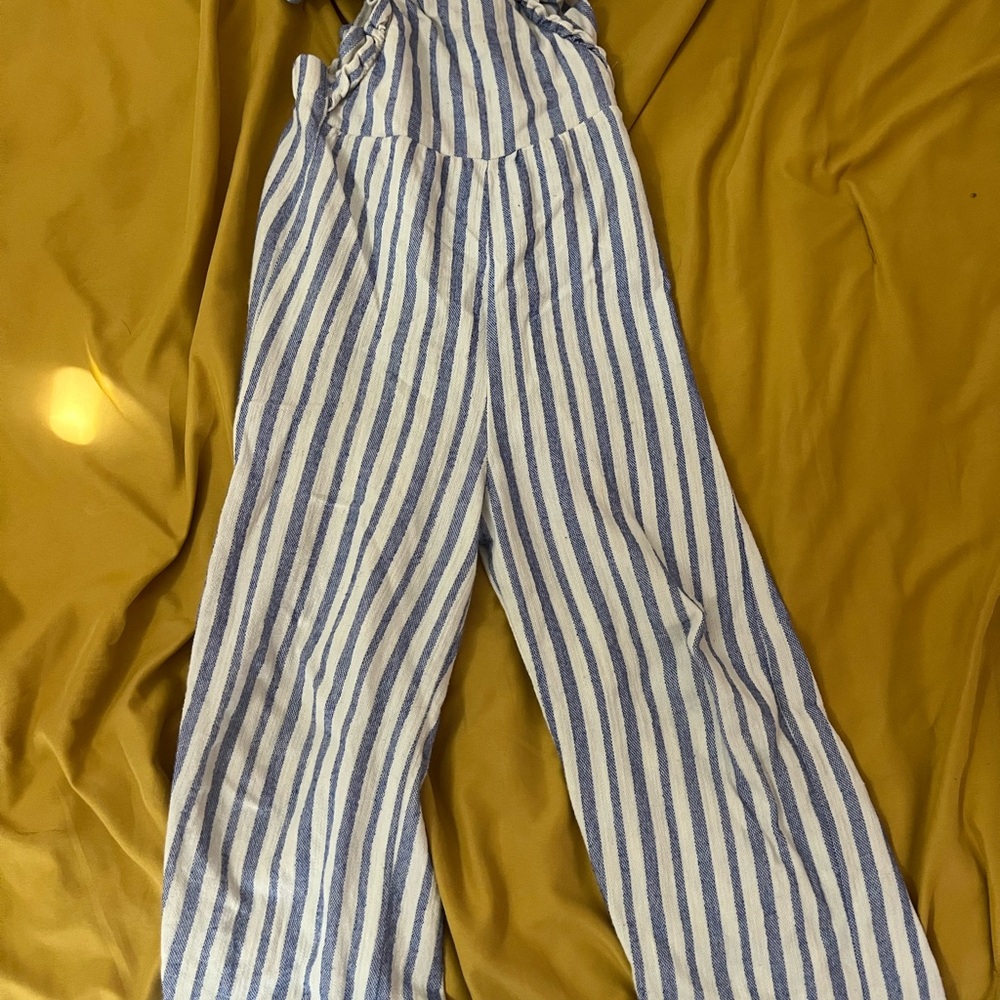 Zara girls Striped Wide-Leg Linen Blend Jumpsuit - Blue & White